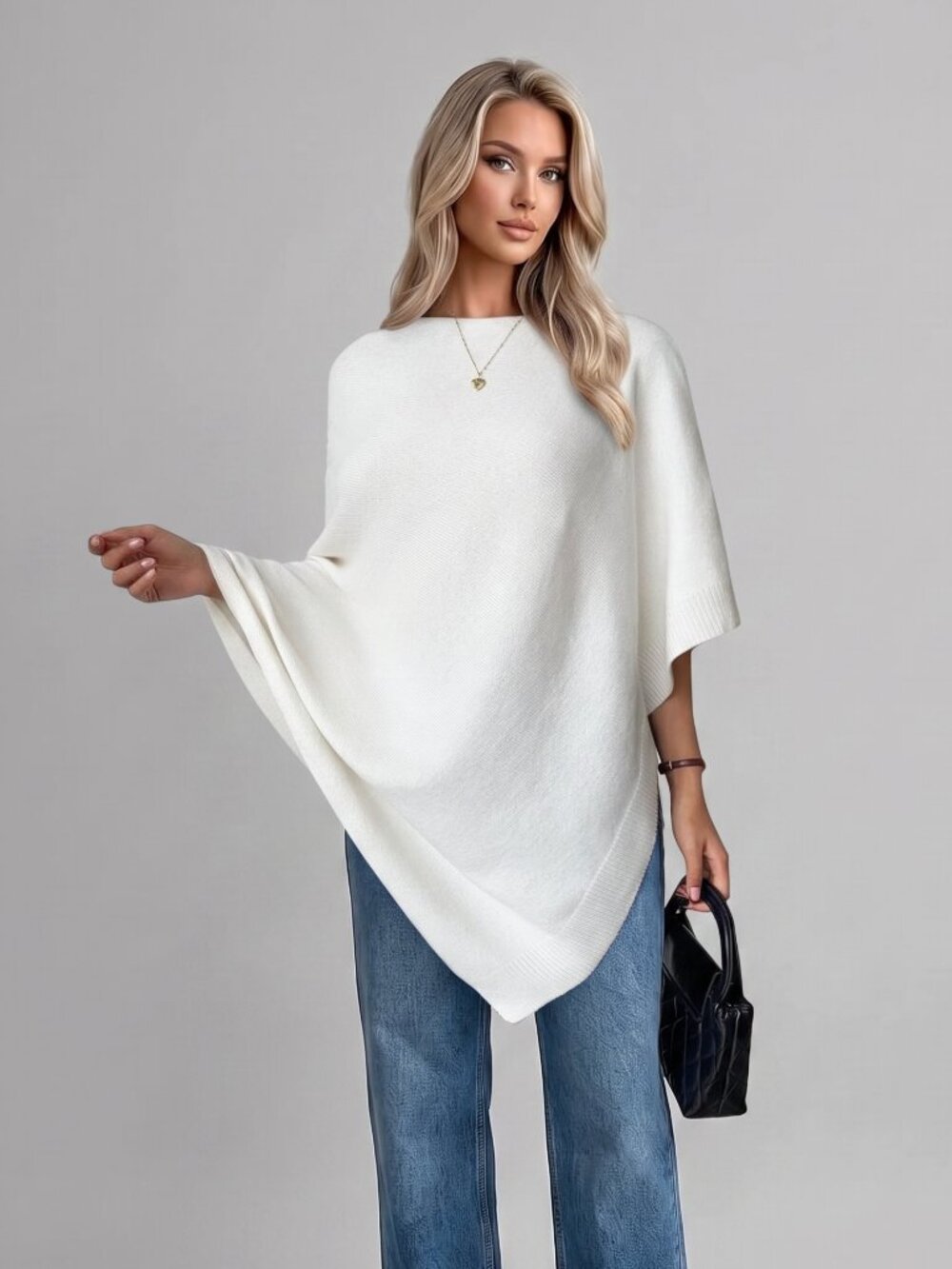 Women's Beige Knit Poncho Top Loose Casual Minimalist Cape Sweater Cover Up